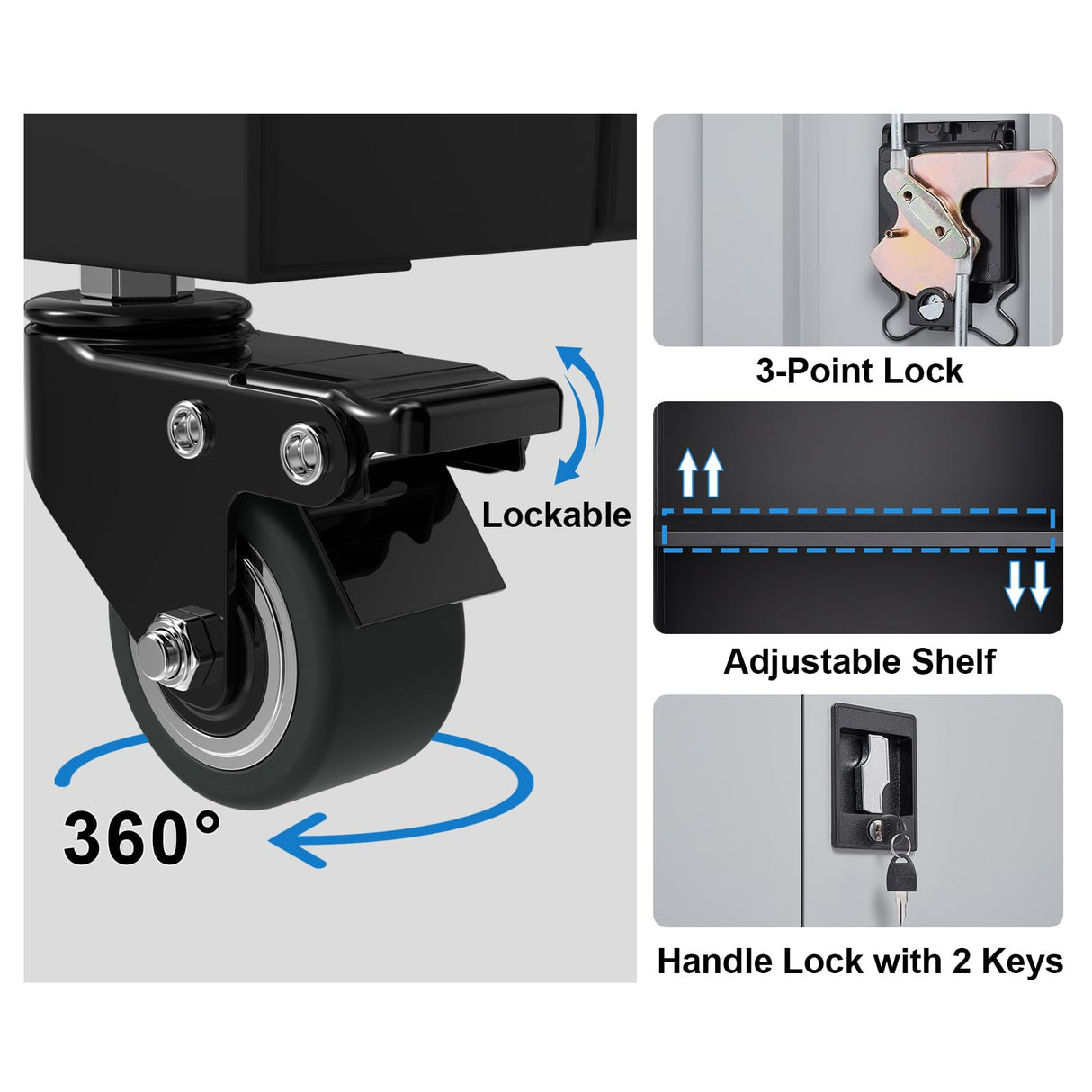 GREATMEET Metal Storage Cabinet with Locking Doors,Steel Storage Cabinet with Wheels Suit for Home Office with 1 Adjustable Shelf for Files, Black&Grey GREATMEET