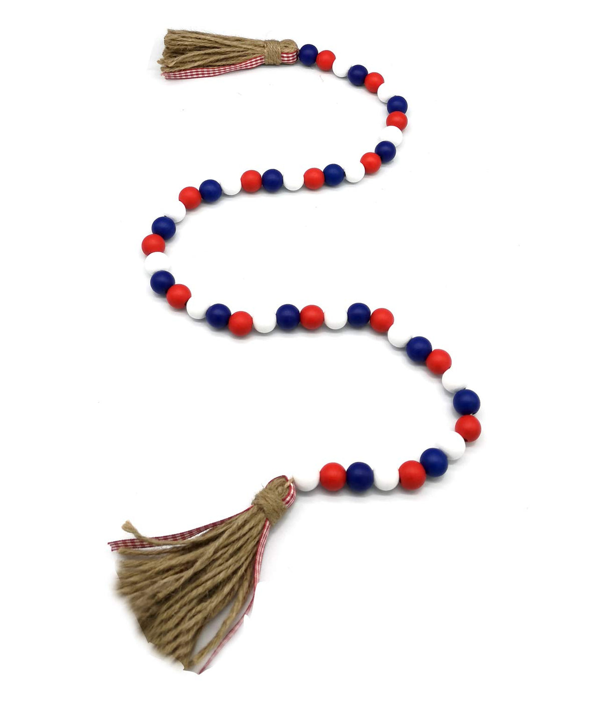 Wood Bead Garland with Rustic Tassels, Farmhouse Wall Hanging Prayer Beads Patriotic American Independence Day 4th of July Ornaments for Home Decor Medoore