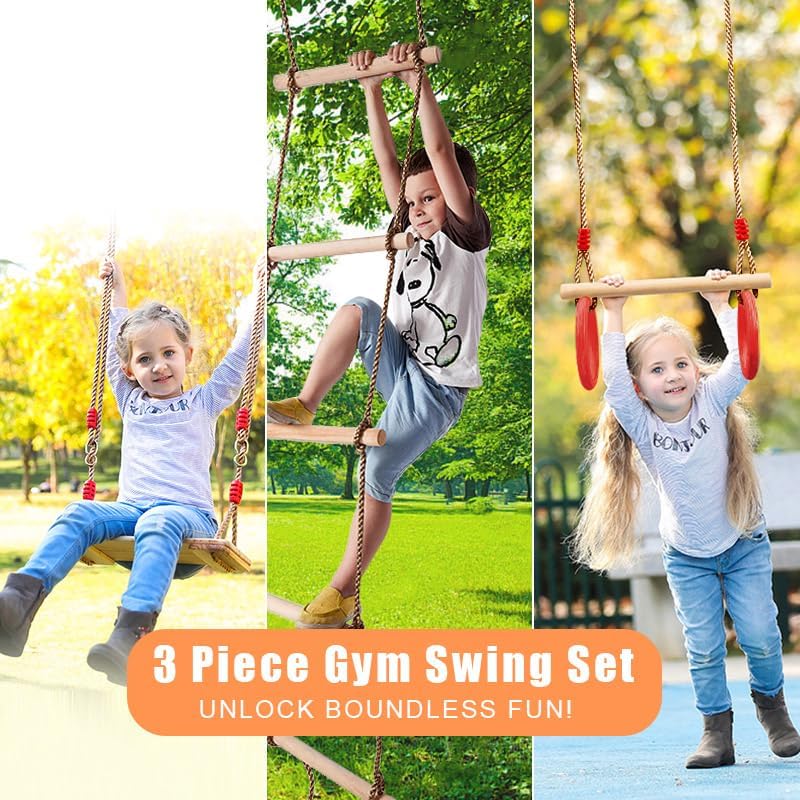 Weavelife 3 Pcs Gym Swing Set Includes Wooden Swing, Trapeze Bar with Rings & Climbing Rope Ladder for Kids, Indoor/Outdoor Play Equipment Combo Toy Gift with Hanging Hooks Weavelife