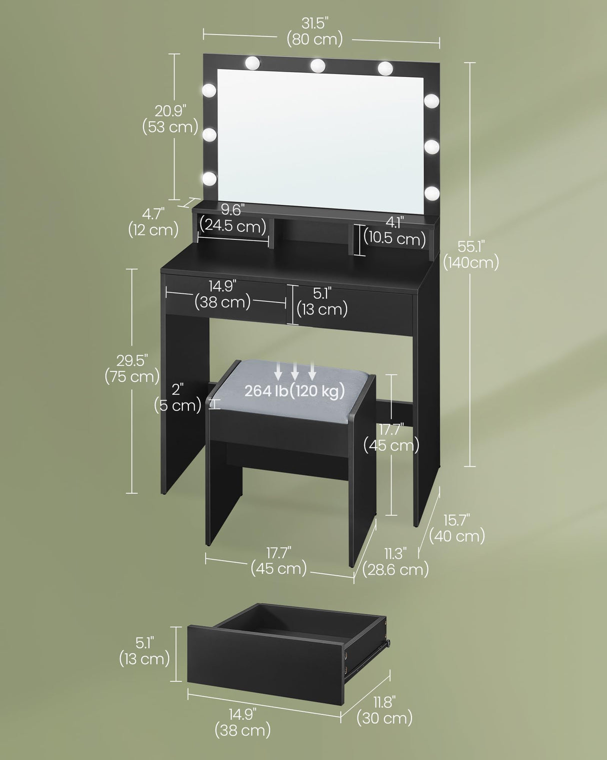 VASAGLE Vanity Desk with Mirror and Lights, Makeup Vanity with Upholstered Vanity Stool, 9 Dimmable LED Lights, 3 Compartments, 2 Drawers, for Bedroom, Ink Black URDT129B01 VASAGLE