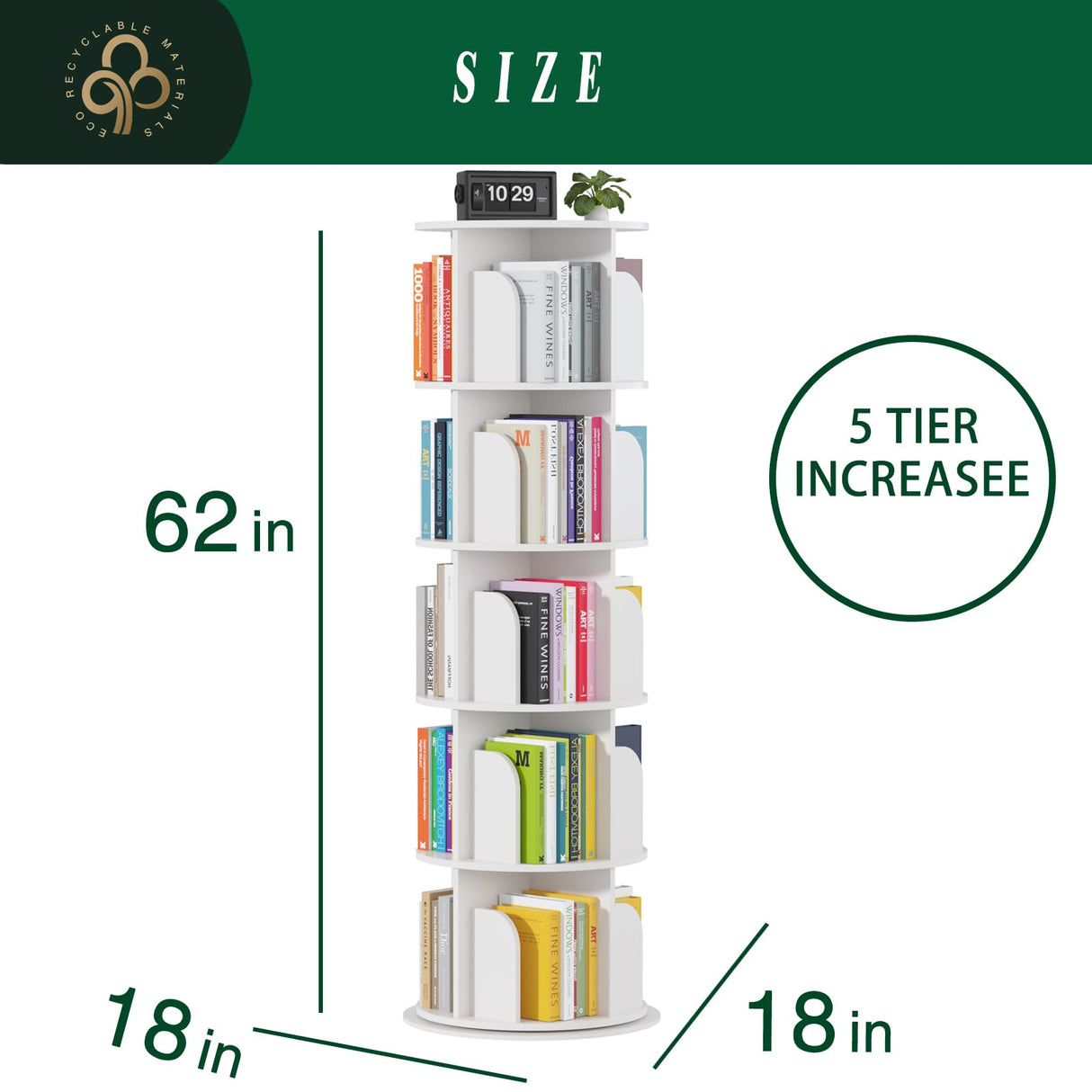 Rotating Bookshelf Tower 5 Tier,Spinning Bookcase, Revolving 360 Book Shelf Narrow Tall Bookcase, Vertical Turning Round storage Bookshelf ,Book Shelf Organizer for Bedroom, Living Room, White hhgrapehh