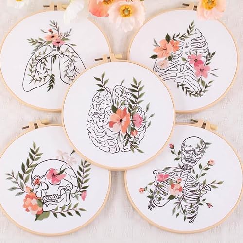 Yangshine 2 Sets Human Anatomy Embroidery Kit for Beginners,Flower with Skull Patterns Cross Stitch Kits,Including Embroidery Hoops, Fabric,Color Threads,Needles,Instructions and Tool Kit