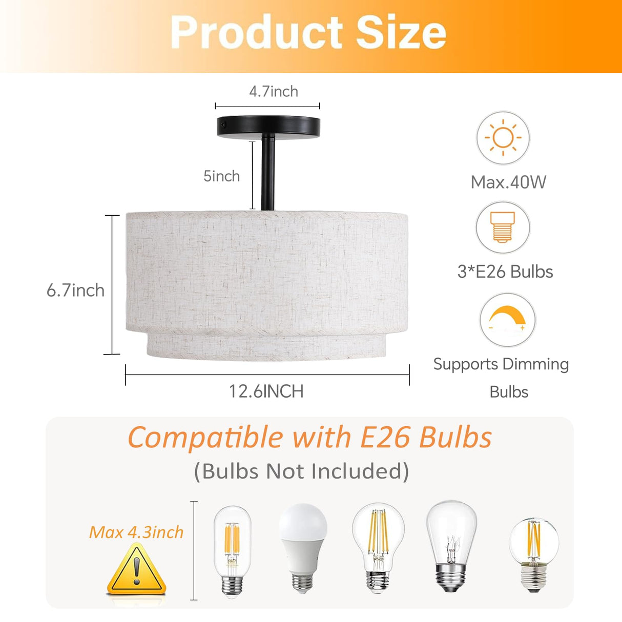 Vexagyle 12.6inch Flush Mount Ceiling Light Fixture,3-Light Modern Close to Ceiling Light with 2-Layer Linen Fabric Shade,Farmhouse Drum Ceiling Mount Lamp for Bedroom Hallway Living Room Vexagyle