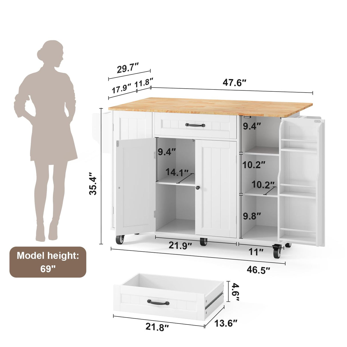 Ahomly Kitchen Island with Storage, 47.6" Rolling Kitchen Island on Wheels with Drop Leaf, Door Cabinet, Drawer, Spice Rack, Towel Rack and Knife Holder, Kitchen Cart Island Table for Kitchen, White Ahomly