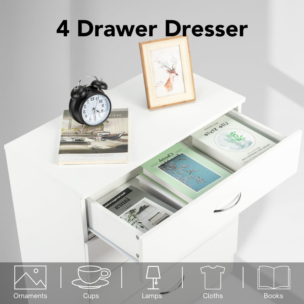 Karl home 4 Drawer Dresser for Bedroom, Small Chests of Drawers Modern Nightstand, White Dresser Chest with 4 Storage Drawers, Dressers for Nursery, Hallway, Living Room, Closet Karl home