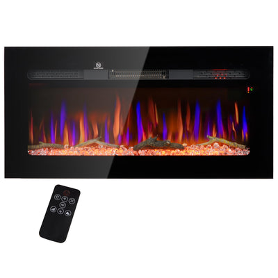 HOMCOM 40" Electric Fireplace Recessed and Wall Mounted with Remote Control, 1500W Fireplace Heater with 8H Timer, Adjustable Flame Color and Brightness, Log and Crystal