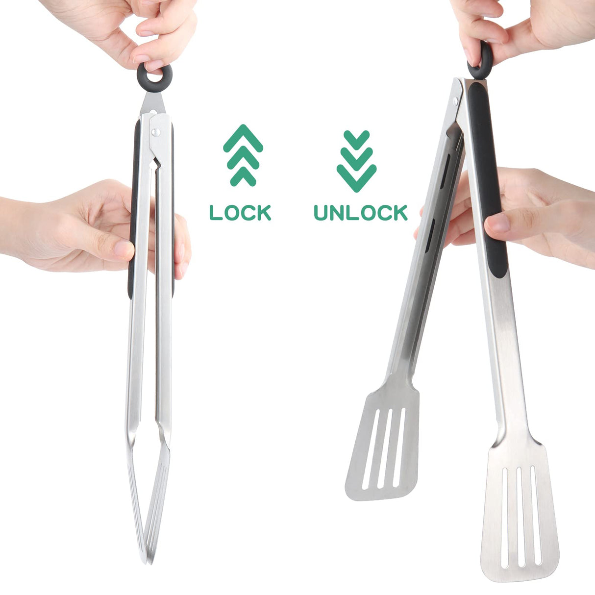 Lebabo Metal Tongs for Cooking, Set of 2 Stainless Steel Spatula Tongs for Grilling, Cooking and Flipping, Strong Grip for Ribs, Steak and Fish, Comfortable Grip, Easy Pull Lock, 9 inch & 12 inch Lebabo