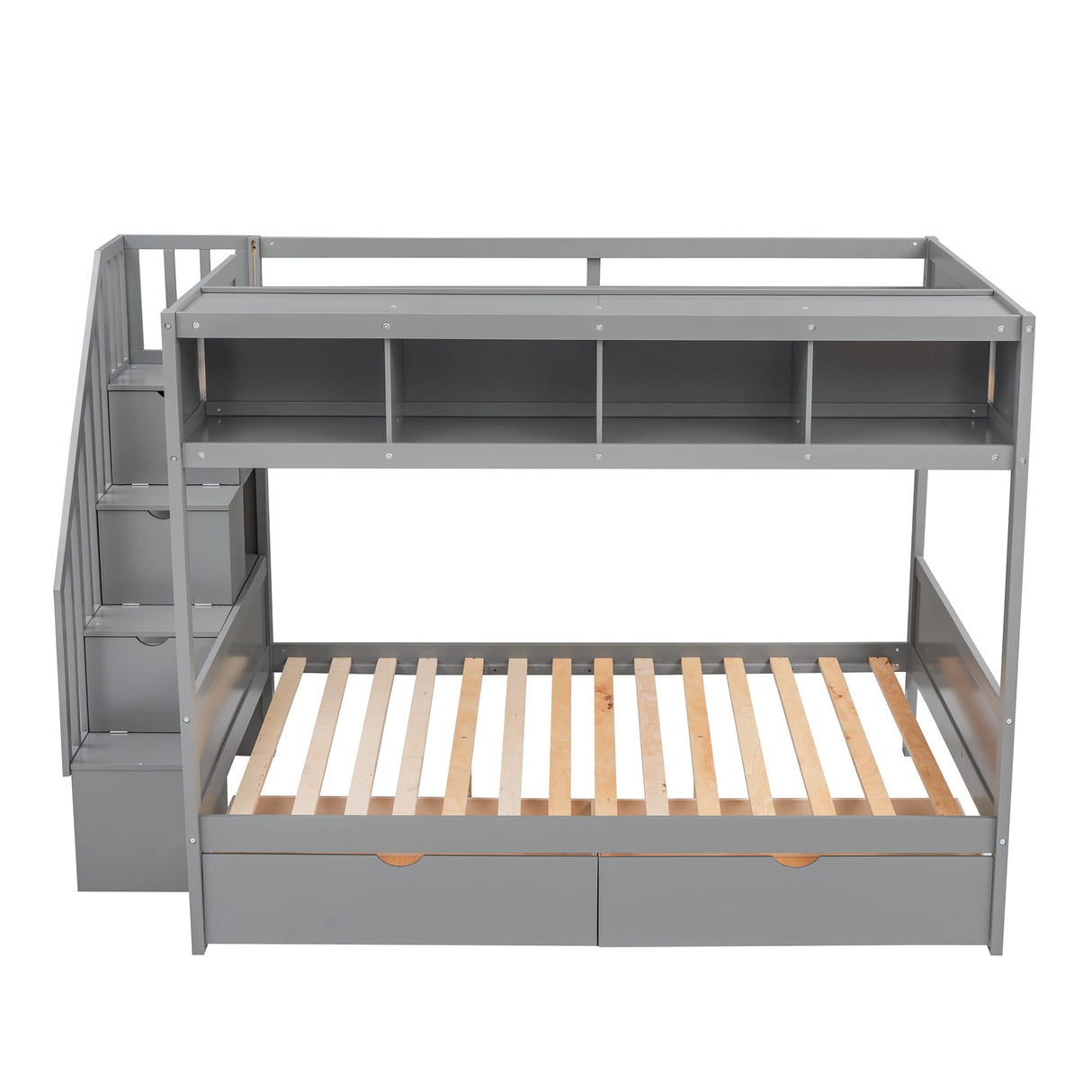 Bunk Bed Twin Over Full with Storage Staircase and 2 Drawers, Wooden Bunk Bed Frame with 4 Storage Shelves for Kids Boys Girls Teens (Gray@028) Brabrety