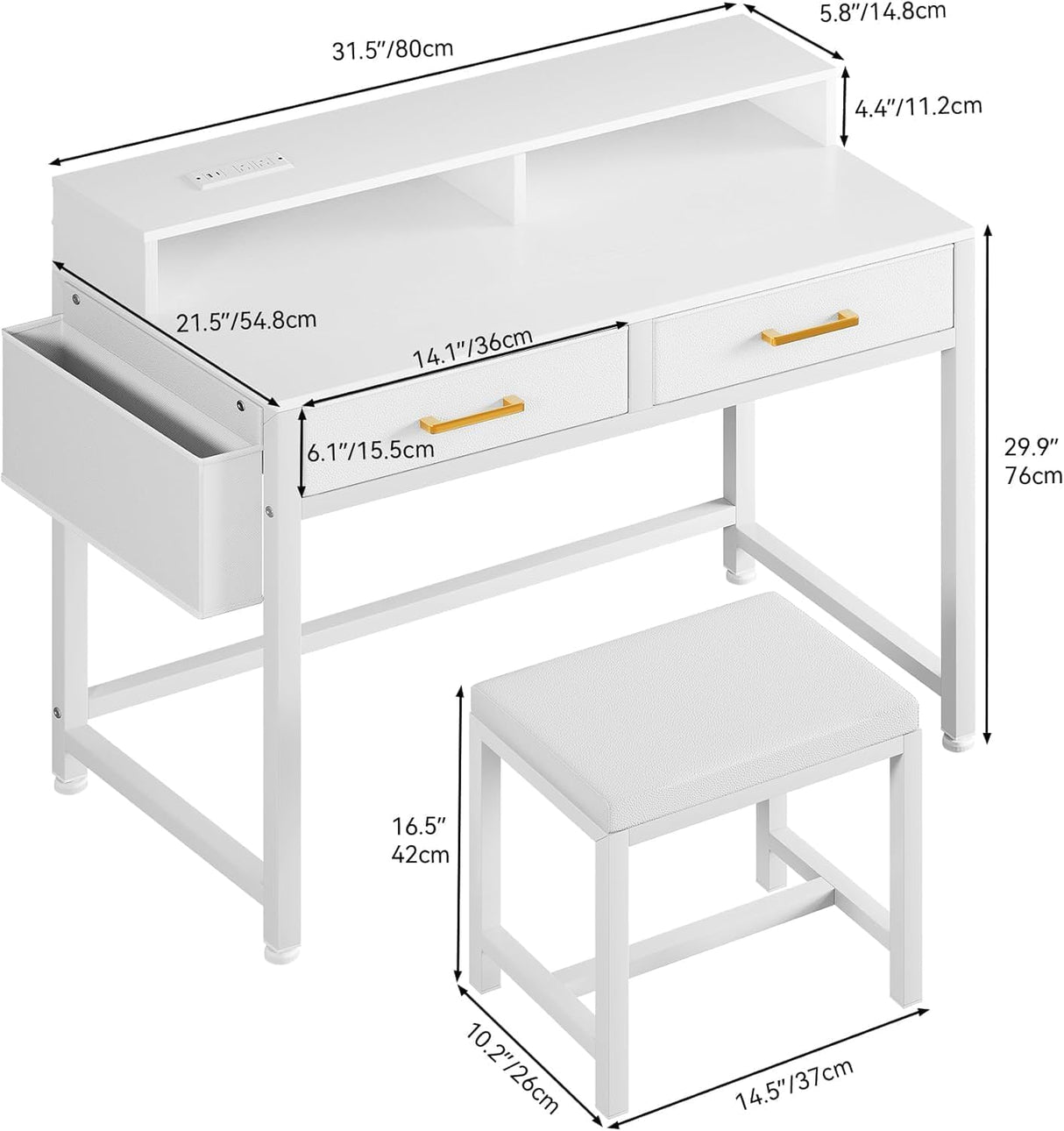 YITAHOME Modern Vanity Desk with Stool, Small Makeup Table with Drawers and RGB Lights, Power Outlet, Interchangeable Side Hook & Side Pocket, No Mirror Design (31.5 x 15.7 x 34.3 Inches, Pearl White) YITAHOME