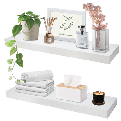 AZSKY Floating Shelves for Wall,White Wall Shelf Natural Wood 16 Inch Bathroom Shelves Over Toilet,Wall Mount Nursery Book Shelves with Invisible Brackets Set of 2 for Bedroom Living Room Kitchen