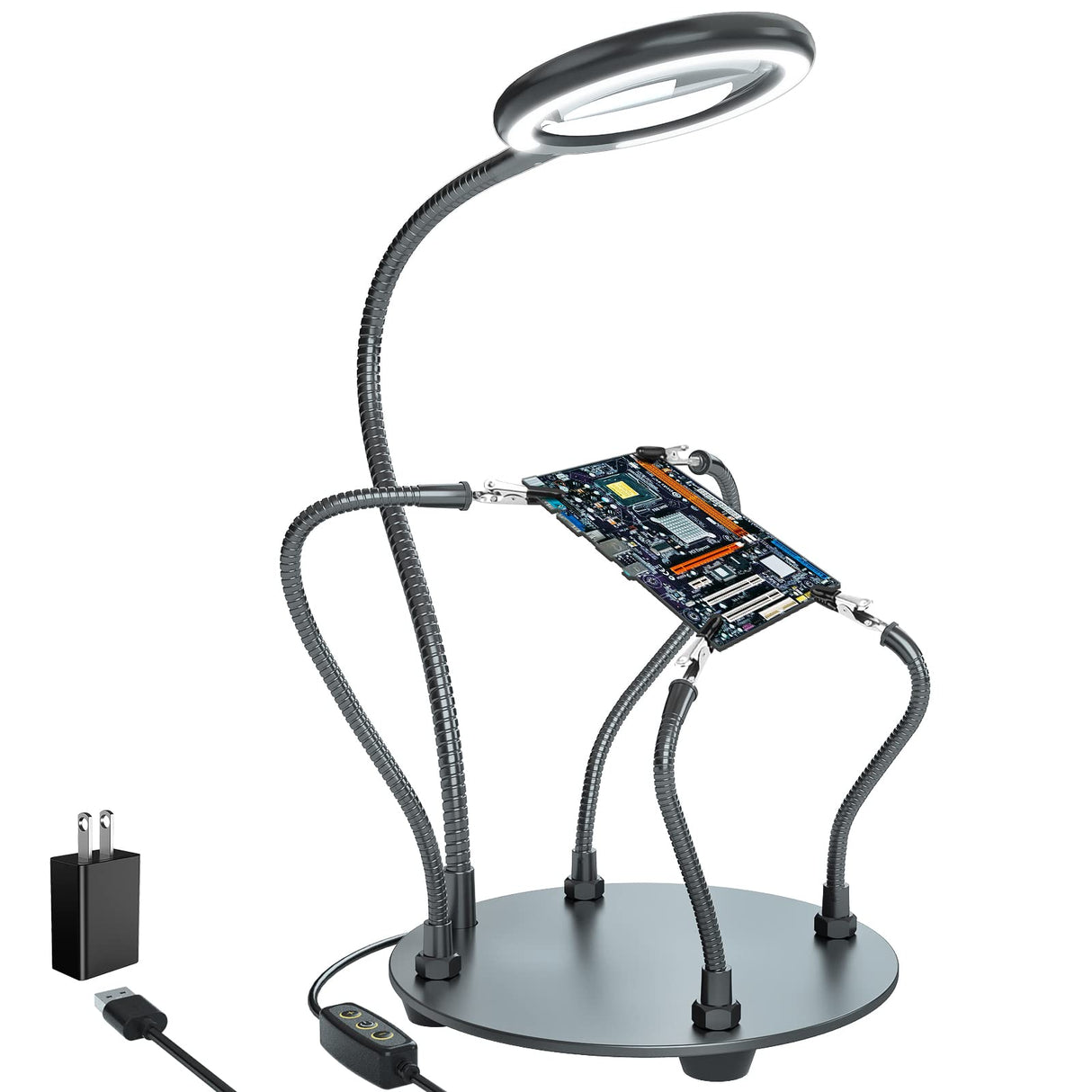 XYK Helping Hands Soldering Station with 3X Magnifying Glass with light, 4 Flexible Helping Hand Arms Magnifier and Third Hand Soldering Tool for Electronic Repair Soldering Jewelry Crafts XYK