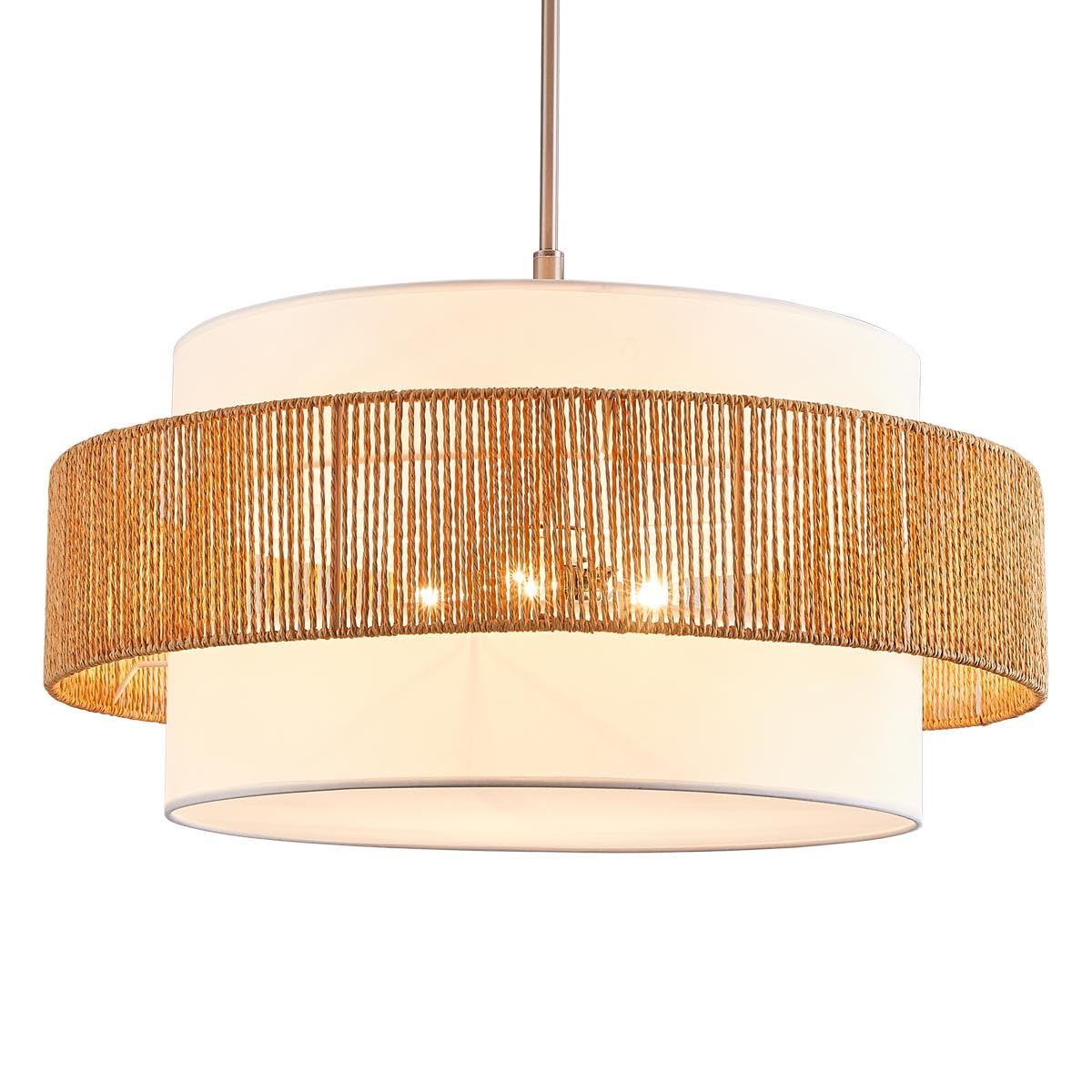 24'' Rattan Large Drum Chandeliers Light Fixtures,5 Light Boho Pendant Light Farmhouse Rustic Hand Woven Lighting for Dining Room Kitchen Island Living Room Bedroom,Brushed Nickel Finish Metal TELAFLY