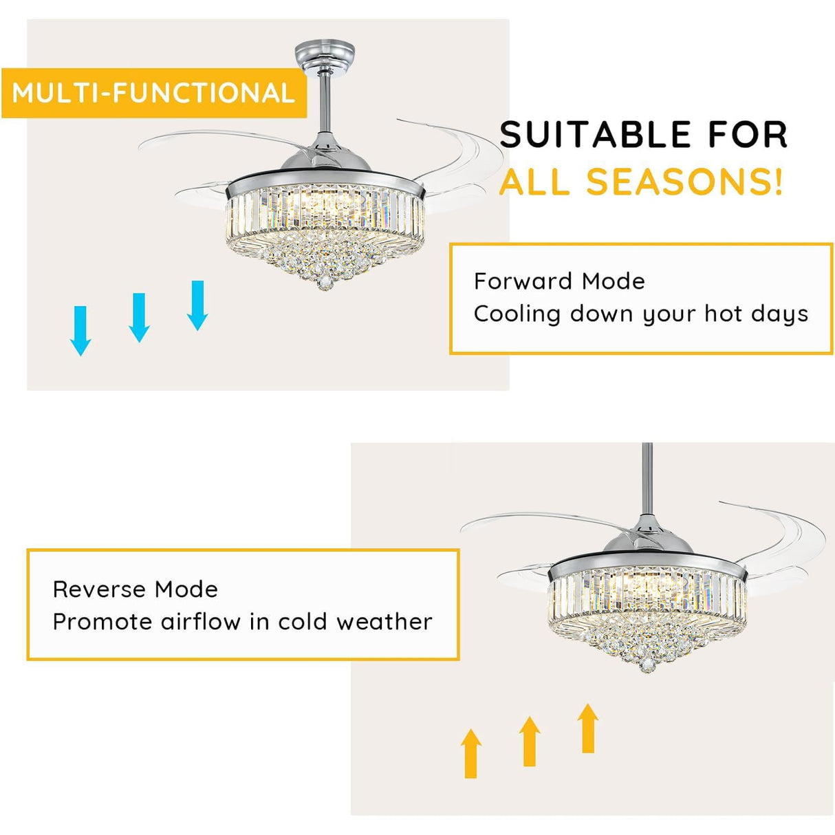 Moooni Modern 48 Inch Dimmable Crystal Fandelier, Retractable Blades Ceiling Fans with Light and Remote, Invisible LED Ceiling Fan Light Kit for Bedroom-Polished Chrome Moooni