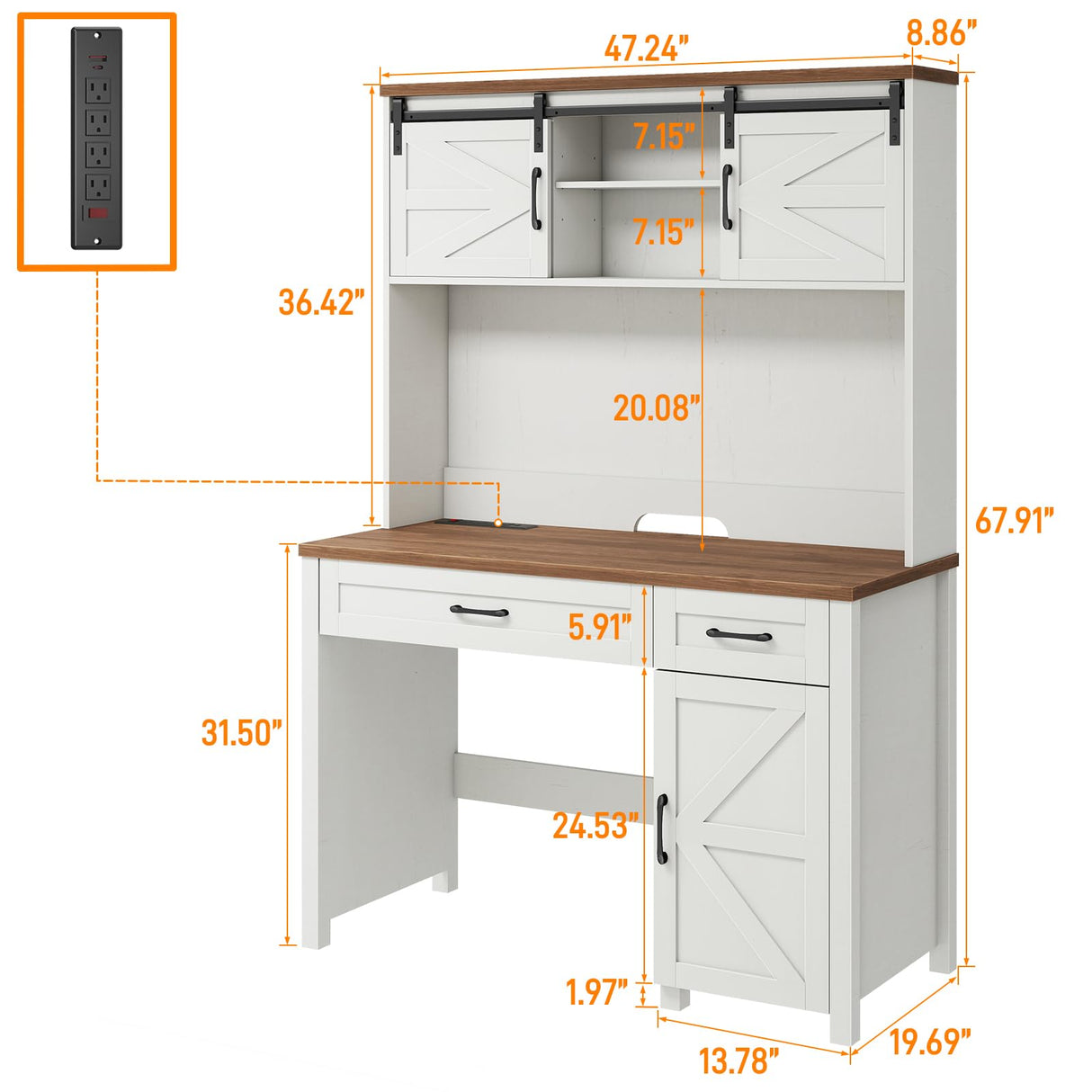 Farmhouse 47" Executive Desk, Computer Desk with 2 Drawers and Storage Cabinet, Home Office Desk with Hutch and Charging Station, Workspace for Work and Study.Brown Vabches