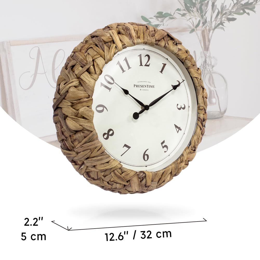 Presentime & Co. Farmhouse Series, Rustic Woven Clock, 12.6 inch, Natural Woven Water Hyacinth/Sea Grass. Wall Sculpture, Wall Art and Timepiece for Home Decoration/Wall Decoration/Farmhouse Décor Presentime