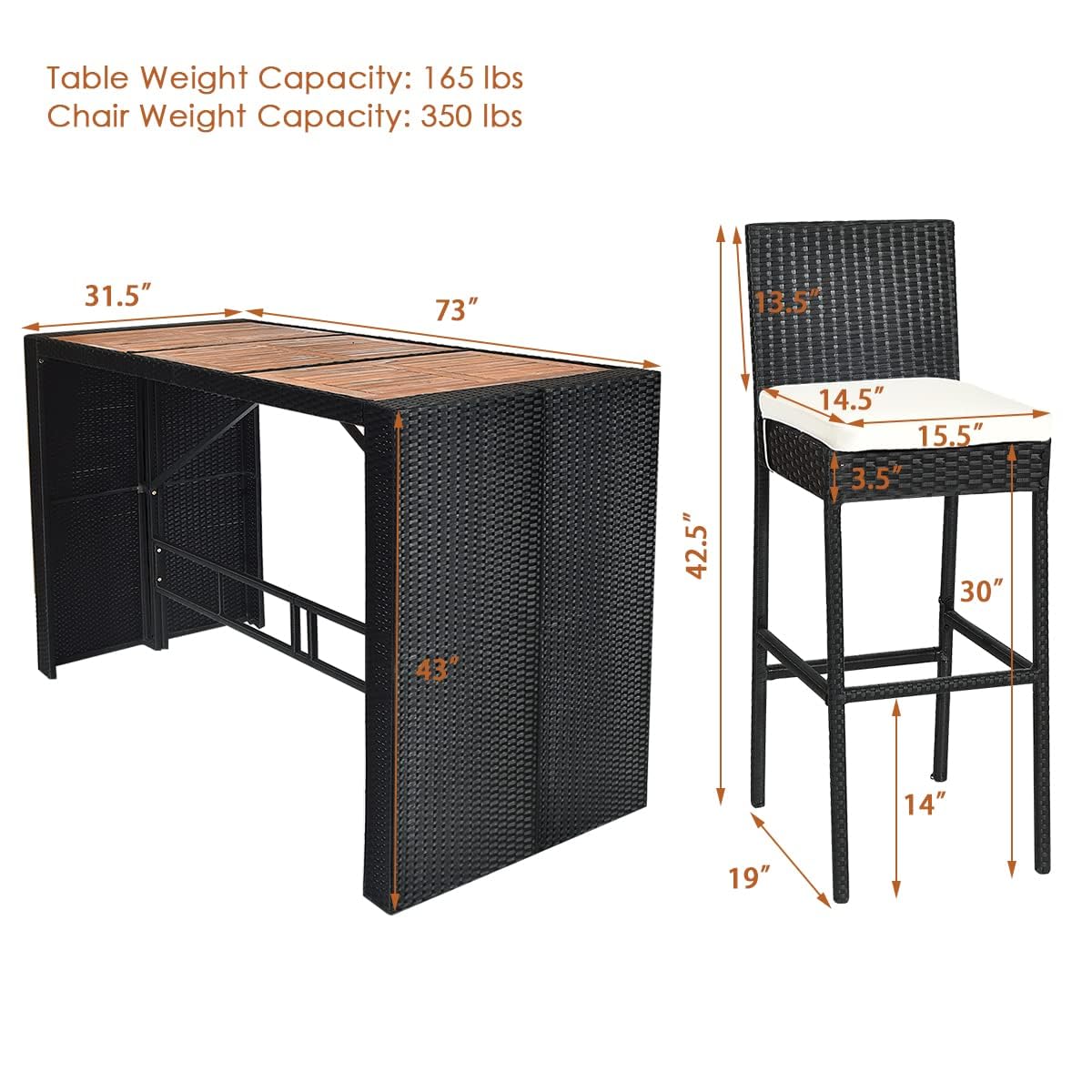 HAPPYGRILL 7 Pieces Outdoor Wicker Bar Set, Rattan Dining Set with Patio Bar Height Table & 6 Bar Stools with Cushions Outside Bar Set for Poolside Patio Backyard HAPPYGRILL