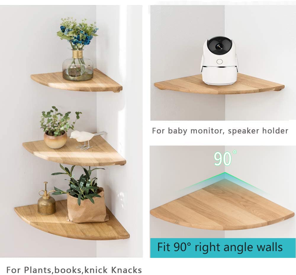 Corner Shelf, 7inch Solid Oak Wood Floating Corner Shelf Wall Mount Round End Floating Speaker Shelf with Wire Hole Display Shelf for Small Plant Photo Frame for Bedroom Kitchen, Living Room WoodArtSupply