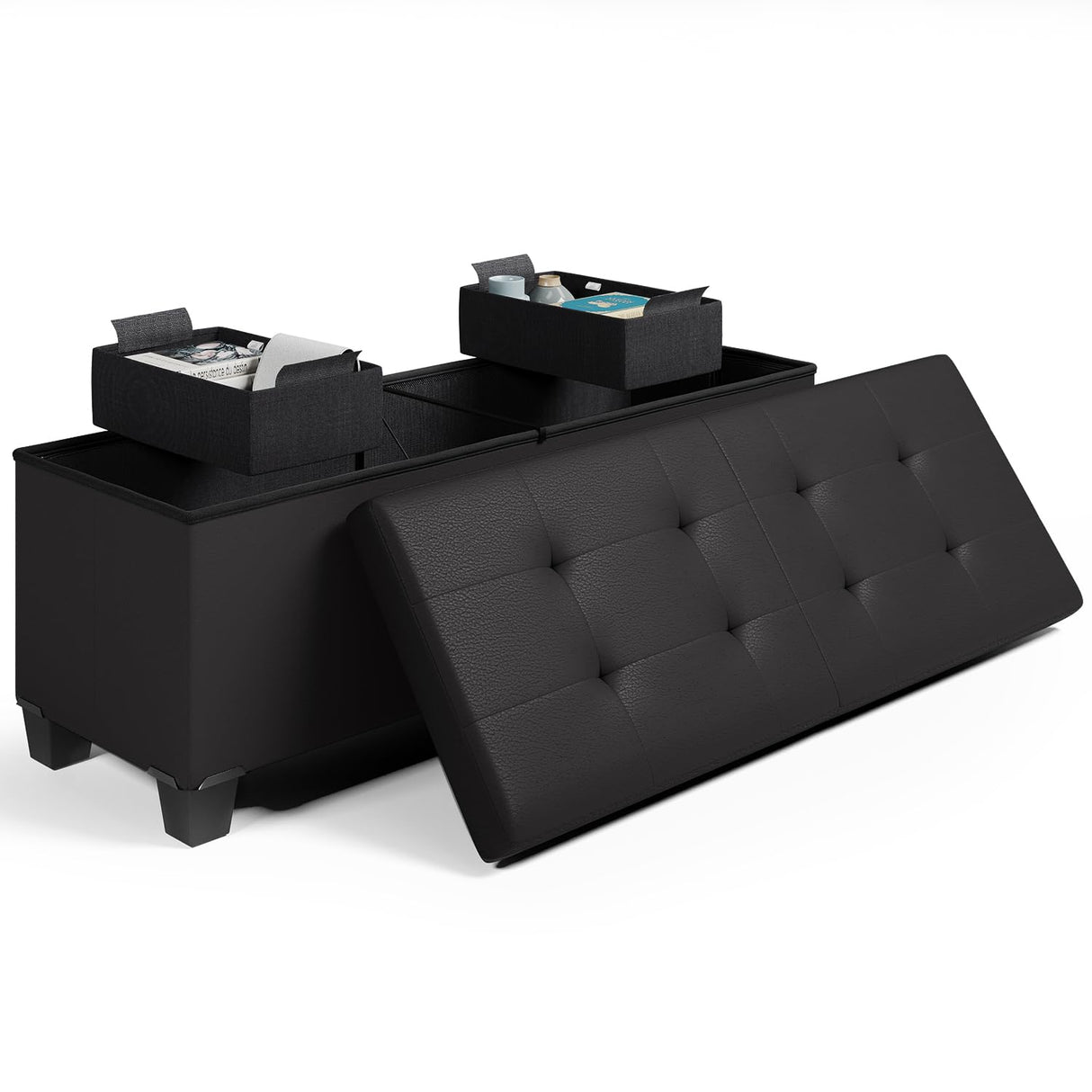 Storage Ottoman Bench with Storage Bins, 43-In Storage Bench for Bedroom End of Bed, Ottoman Foot Rest, Black Ottoman with Storage for Living Room, Bench with Storage Max 660lbs, Faux Leather Ottoman STORAGEBUD