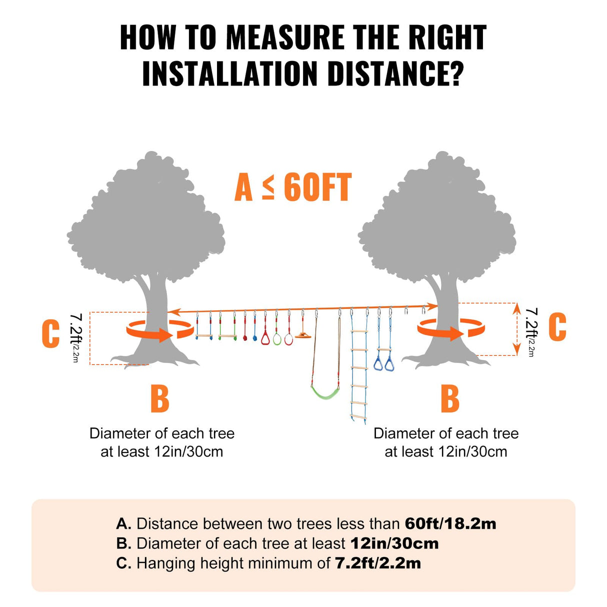VEVOR Ninja Warrior Obstacle Course for Kids, 2 x 60 ft Weatherproof Slacklines, 500lbs Weight Capacity Monkey Line, Outdoor Playset Equipment, Backyard Toys Training Equipment Set with 14 Obstacles VEVOR