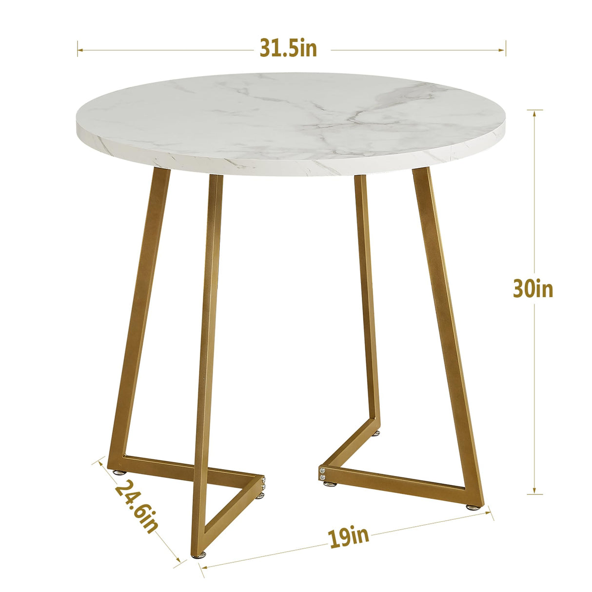 VECELO Round Dining Room Table with Wood Grain Tabletop and Steel Frame, for Kitchen, Living Room, Office, Conference, 2 to 4 Person, White & Gold VECELO