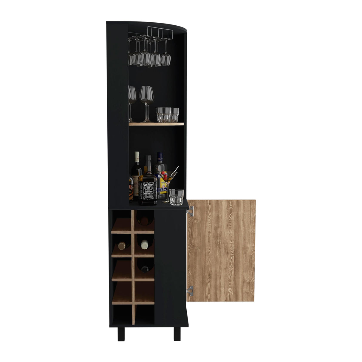 Tuhome Kaia Corner Bar Cabinet, Two Shelves, Ten Built-in Wine Rack, Single Door Cabinet, Two Interior Shelves, Black/Pine Tuhome