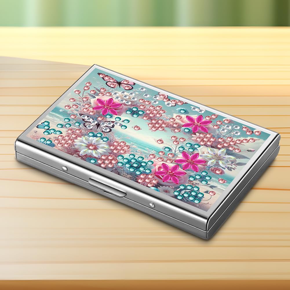 Stainless Steel Diamond Art Card Holder for Adults, Heart Flower Design 9.5x6.5cm Anti-demagnetization Credit Card Wallet with Zipper WoodArtSupply