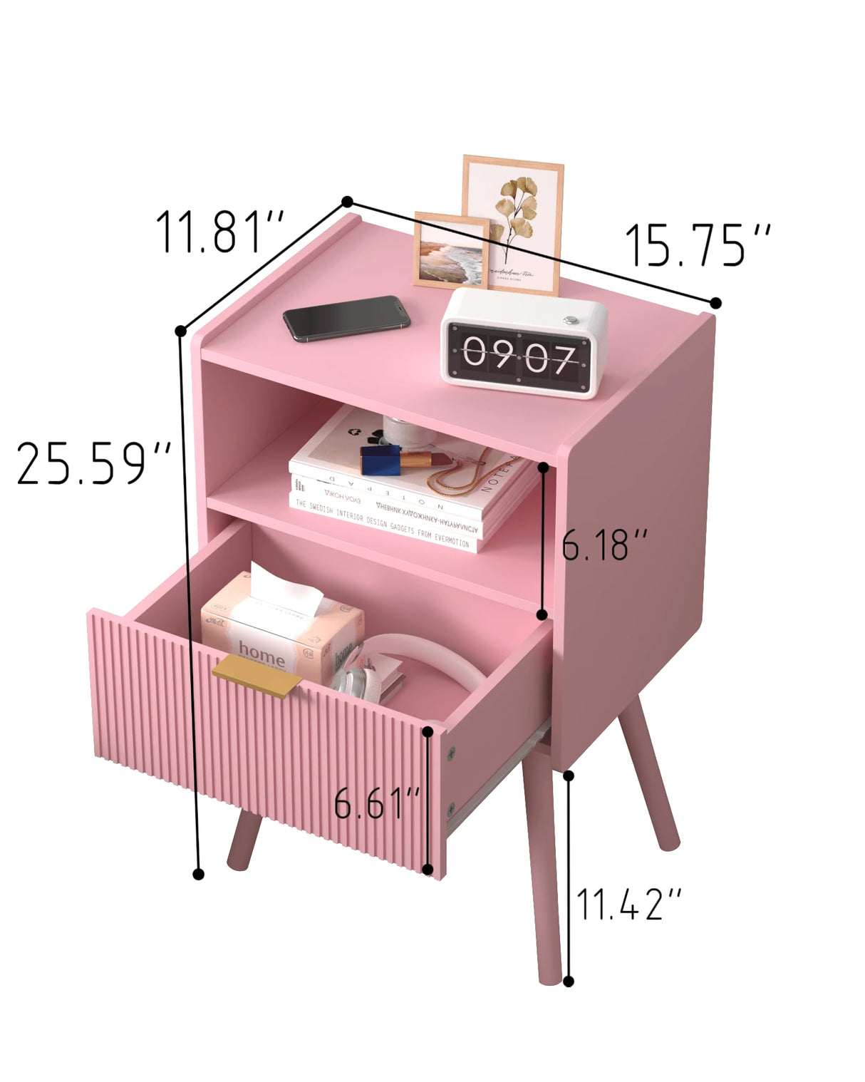 JOONEE Nightstand,Modern Bedside Table with Storage Drawer and Open Wood Shelf, for Living Room, Bedroom and Small Spaces, Accent Night Stand with Solid Wood Legs, Easy Assembly,Classic Pink JOONEE
