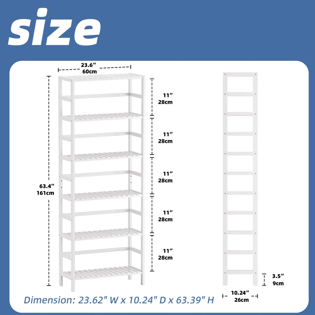 HITNET Bookshelf, 6-Tier Tall Bookcase Freestanding Bamboo Book Shelf Bathroom Storage Organizer with Adjustable Shelves, White HITNET