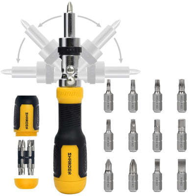 SHARDEN Ratcheting Screwdriver Multi Bit Screw Driver 13-in-1 Tool Ratchet Screwdriver Set Flat Head/Square/Torx/Hex/Phillips Screwdriver, 180 Degree Pivoting Adjustable Angle Magnetic Screwdriver