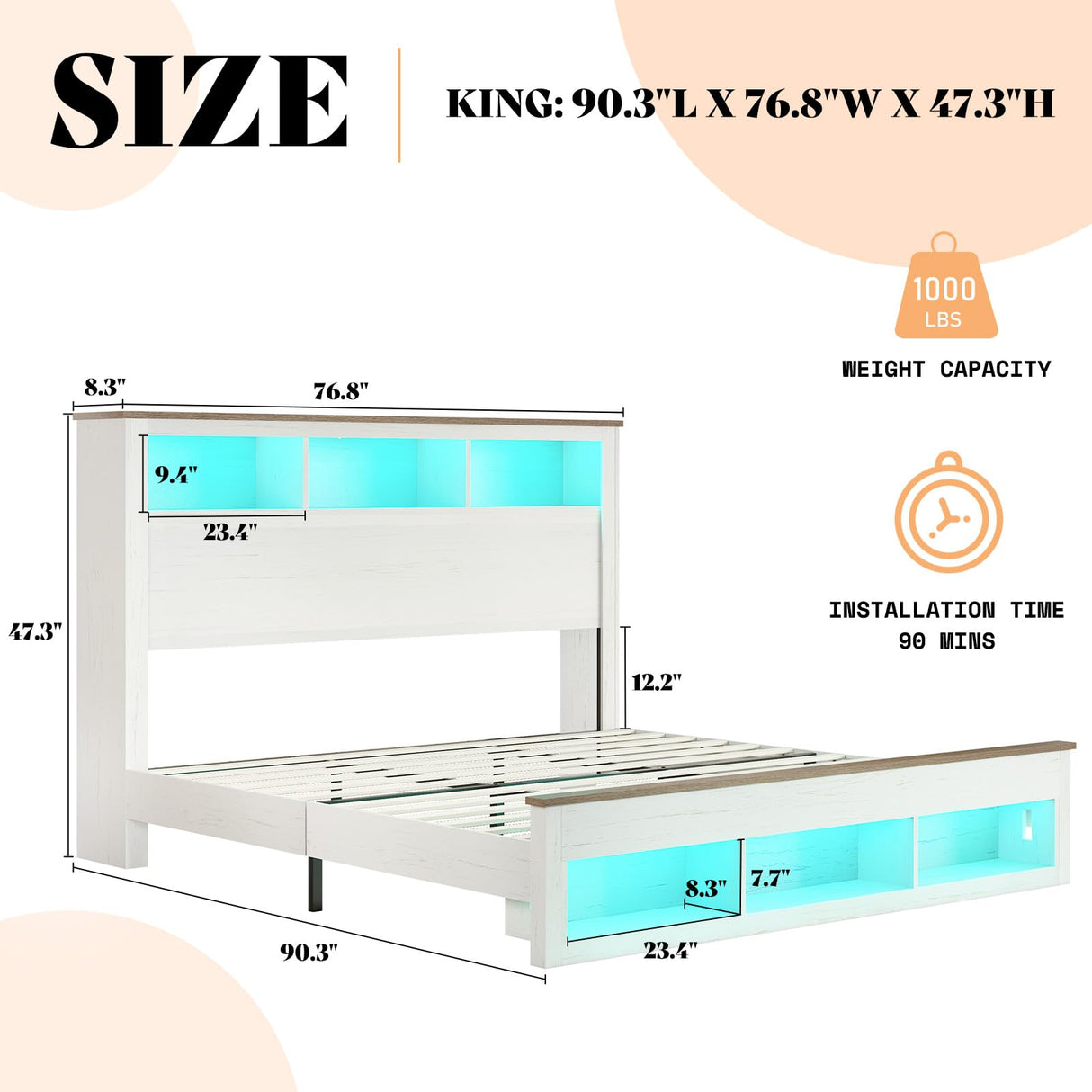 AMERLIFE King Size Bed Frame with Bookcase Storage Headboard and Footboard, LED Platform Bed with Charging Station, No Box Spring Needed, Noise Free, Distressed White AMERLIFE