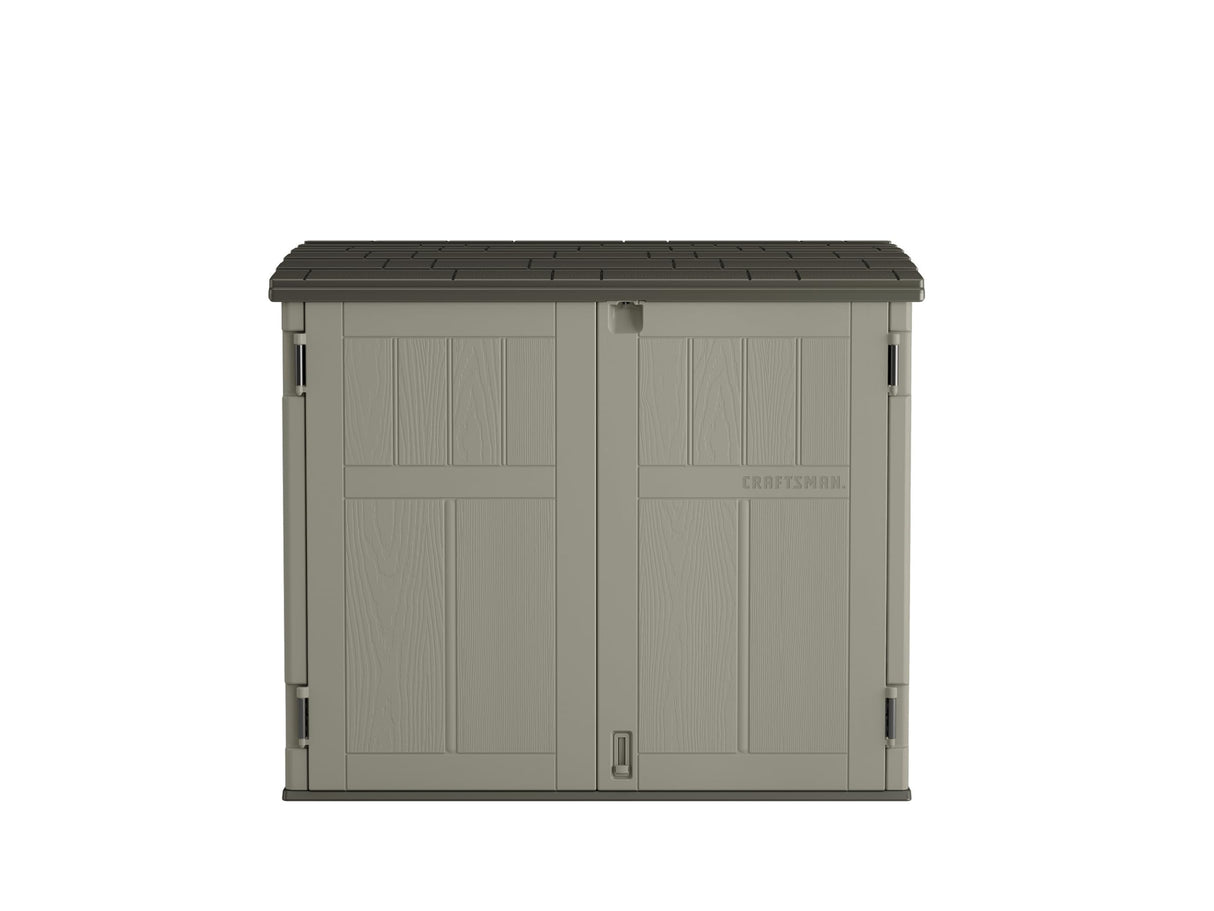 Craftsman Horizontal Shed, Compact Outdoor Storage System, 34 Cu. Ft. Capacity, Made in USA - Lockable Multi-Wall Resin Organizer for Garbage Cans, Garden Tools, Bins, Bikes and Yard Equipment CRAFTSMAN