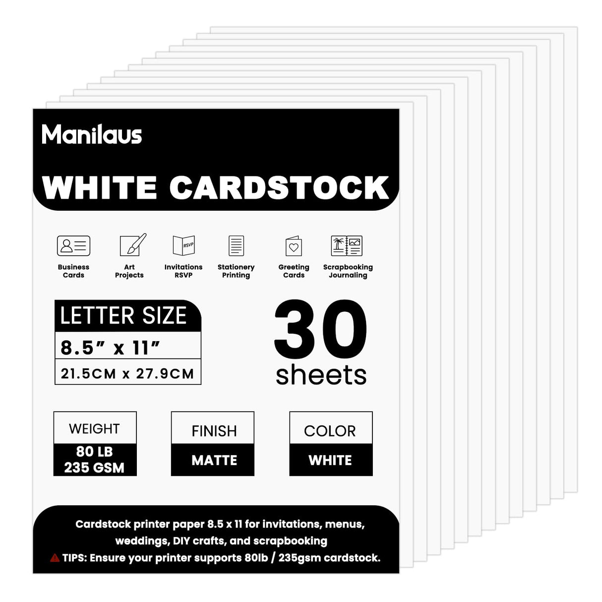 White Cardstock 8.5 x 11"Inch, 80lb Cardstock Paper, 30 Sheets Card Stock Paper 8.5 x 11 White, Heavy Thick Cardstocks Printer Papers for Invitations, Menus, Weddings, DIY Cards, Scrapbooking. Manilaus
