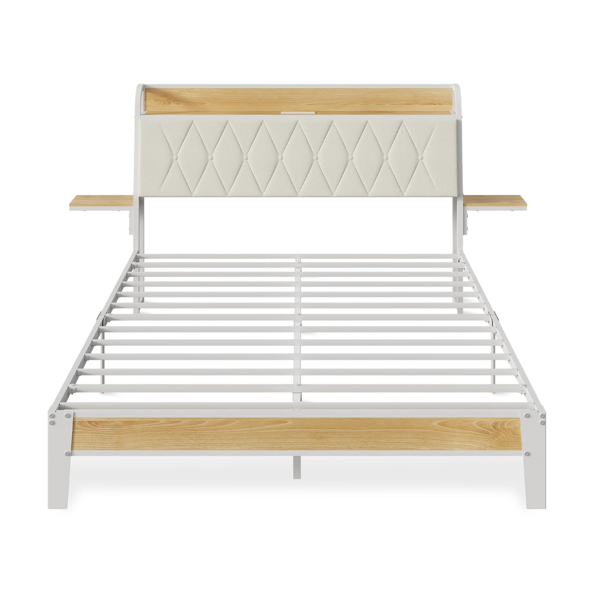 WLIVE Queen Size Upholstered Bed Frame with 2 Side Shelves, Linen Tufted Storage Headboard with Charging Ports and LED Light, Metal Solid and Stable, No Box Spring Needed, Easy Assembly, Beige WLIVE