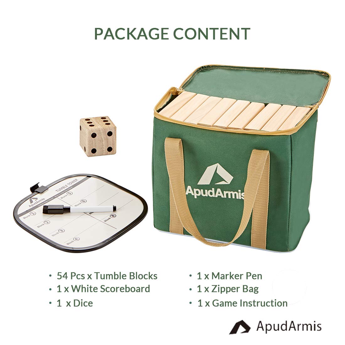 ApudArmis Giant Tumble Tower (Stack from 2Ft to Over 4.2Ft), 54 PCS Pine Wooden Stacking Timber Game with 1 Dice Set - Classic Block Giant Outdoor Game for Teens Adults Family ApudArmis