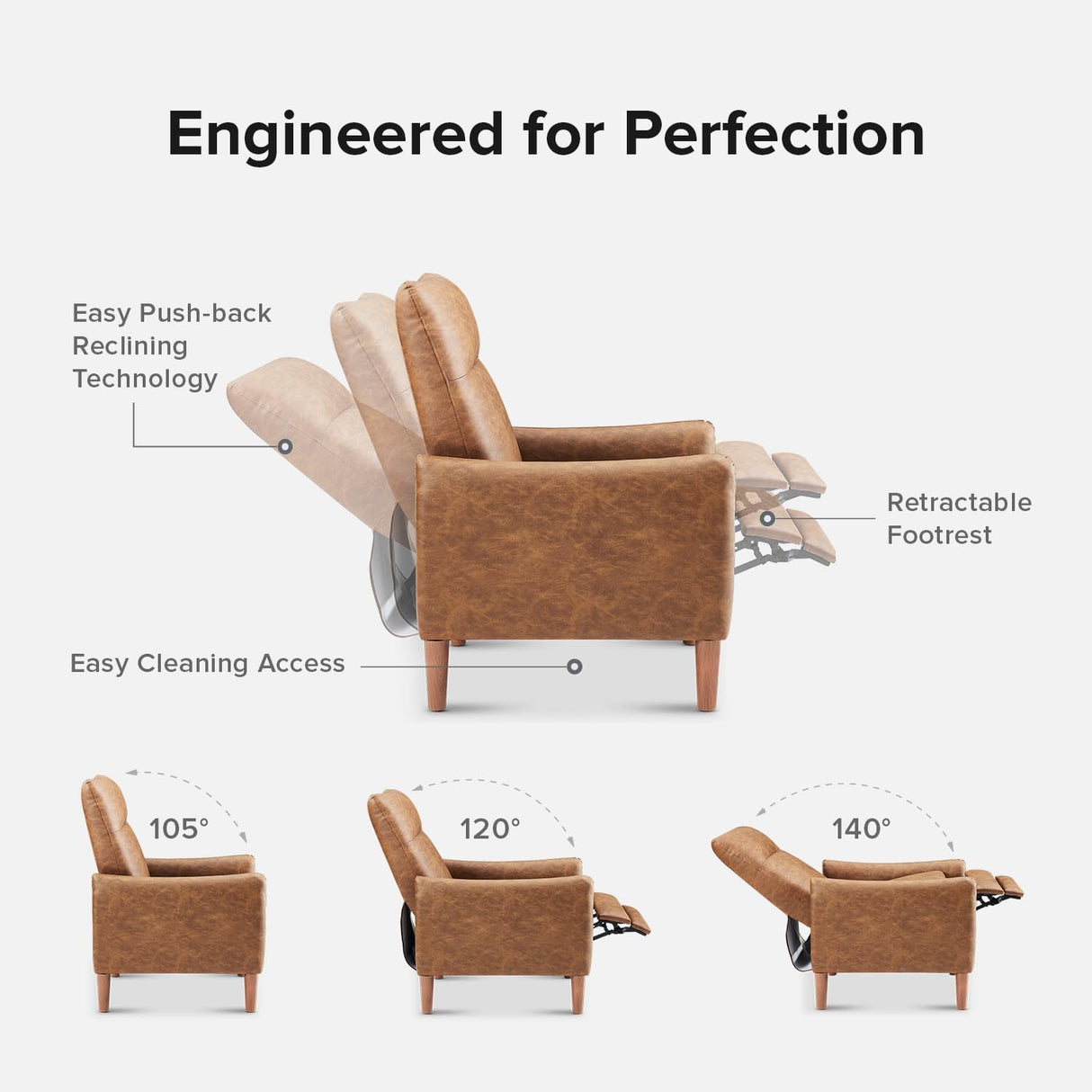 mopio Arthur Recliner Chair with 3 Positions, Accent Armchair, Mid Century Modern Reading Chair, High Back Padded Support Comfy Sleeper Armchair (Pecan Brown Faux Leather) mopio