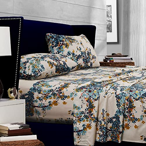 Tribeca Living Deep Pocket Queen Size Sheet Set - 300 Thread Count Cotton Sateen Sheets with 22-Inch Extra Deep Pockets, Oeko-Tex Certified, 4 Bedding Set in Casablanca Multi Print Tribeca Living