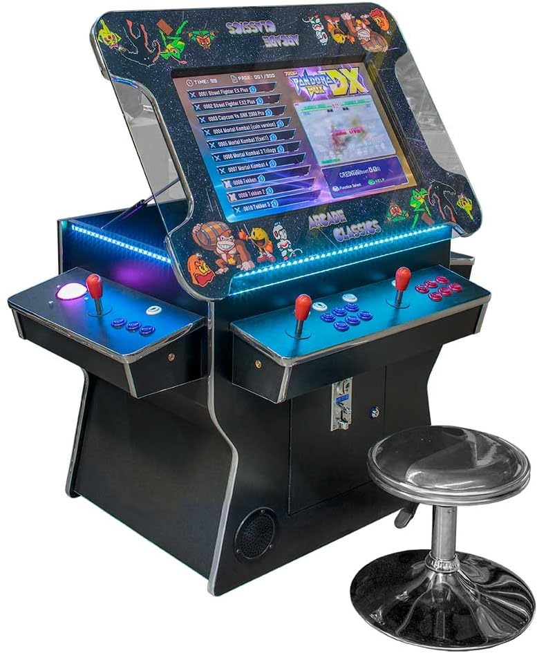 West State Gamerooms Cocktail Arcade Machine – Lift-Up Arcade Game Cabinet – Pre-Assembled 2 Player 3000 Retro Video Games Table with 26-Inch LCD Screen Track Ball and 2 Chrome Bar Stools West State Billiards