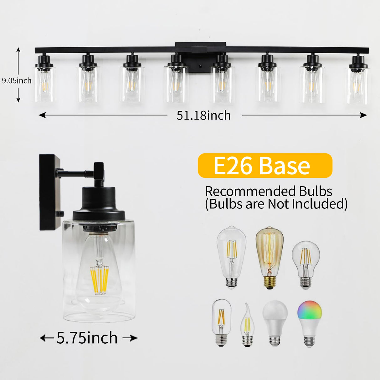 DIKAIDA 8 Light Bathroom Vanity Lights Over Mirror, 52inch Black Vanity Lights Fixtures Matte Black Modern Vanity Lights Black Bathroom Wall Lighting for Mirror Bedroom,Living Room DIKAIDA