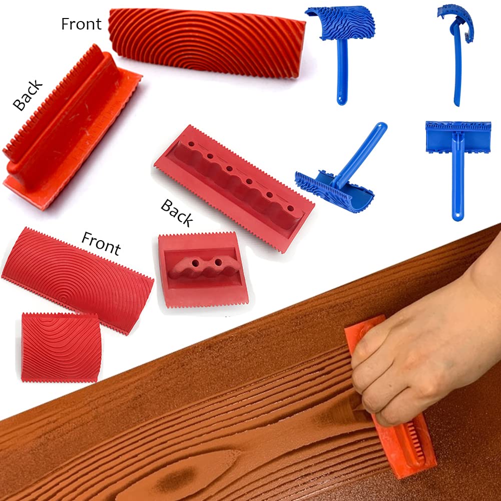 Wood Graining Tool Set, 6pcs 7" Fake Wood Grain Roller Painting Tool with Handle DIY Rubber Graining Tool Paint Look Like Wood for Wall Room Art Paint Decoration WoodArtSupply