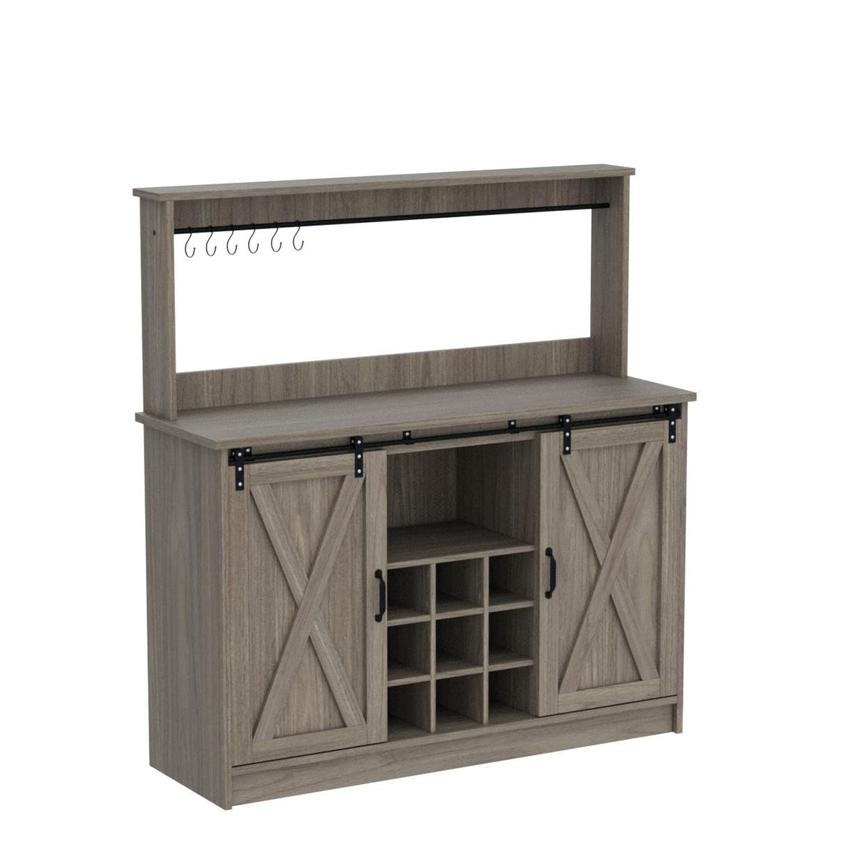 4ever2buy Farmhouse Coffee Bar Cabinet with Sliding Barn Doors, 50 Inch Coffee Bar Hutch with 6 Hooks and 9 Mug Rack, Hutch Cabinet with Storage for Living Room 4ever2buy