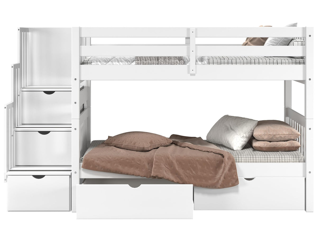 Bedz King Stairway Bunk Beds Twin over Twin with 3 Drawers in the Steps and 2 Under Bed Drawers, White Bedz King