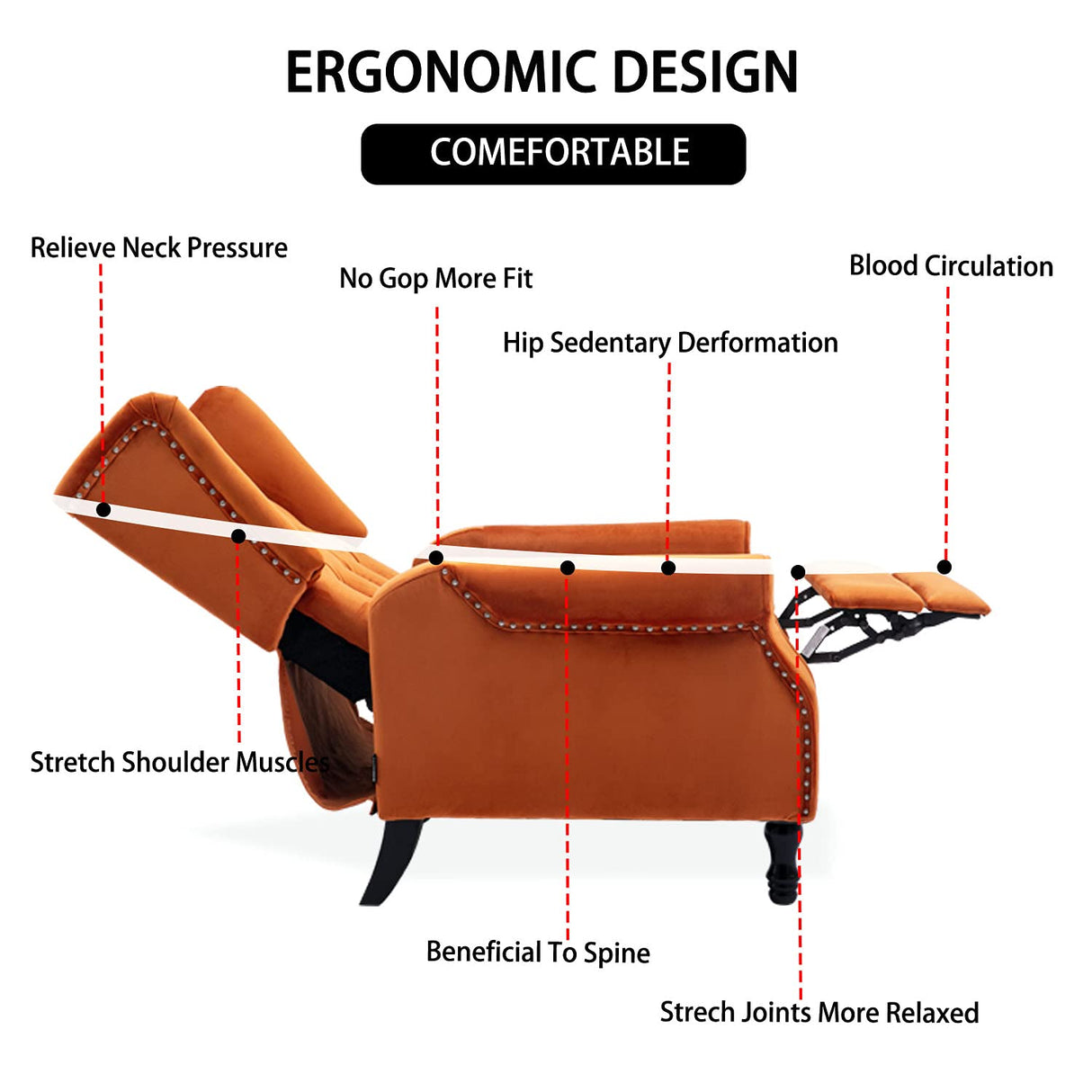 Altrobene Velvet Accent Chair, Push Back Recliner Chair, Wingback Arm Chair for Living Room/Bedroom/Home Theater/Reception Area, Caramel Altrobene