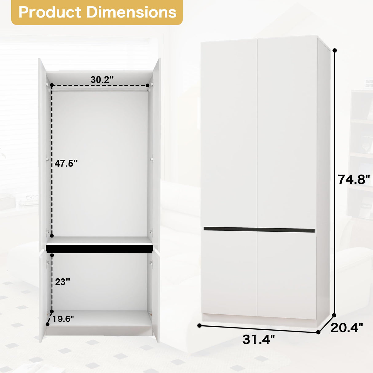 LABROSKIA White Armoire Wardrobe Closet: 74" Wooden Wardrobe Closet with 2 Doors, Bedroom Armoires with Hanging Rod, Tall Closets Cabinet for Hanging Clothes (31.5") LABROSKIA