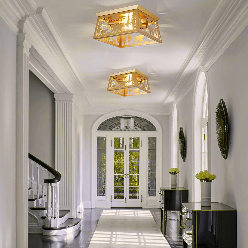 Gold Bear Lamp, Log Cabin Semi Flush Mount Ceiling Light Rustic Modern Farmhouse Golden Bear Light for Bedroom Entryway Living Room Foyer,E26 Base, 12.5" Feohak