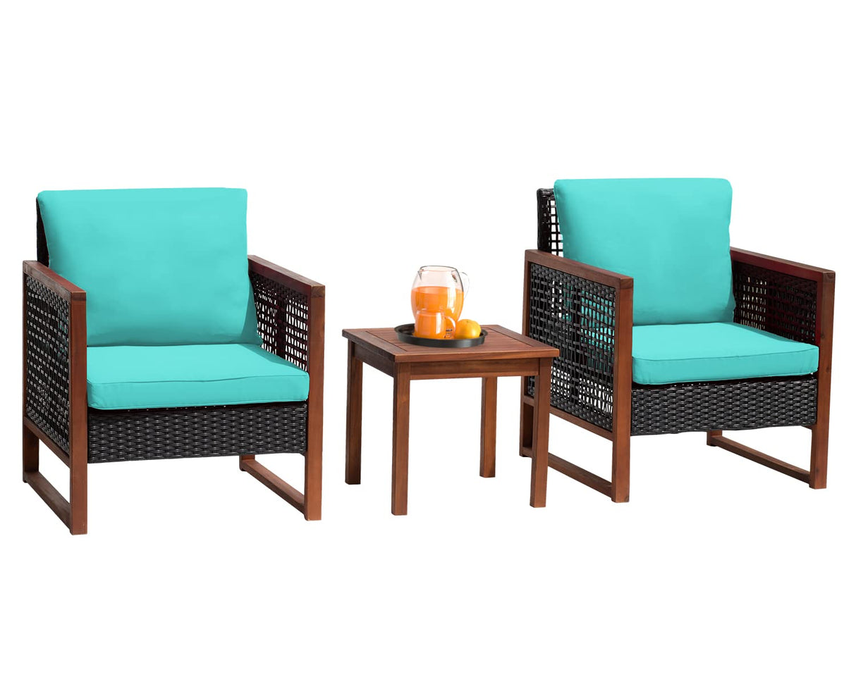 FDW 3-Piece Patio Bistro Set Acacia Wood Outdoor Chat Conversation Table Chair Set Outdoor Wood Chat Set with Water Resistant Cushions and Coffee Table for Beach Backyard Garden,Blue Cushion FDW