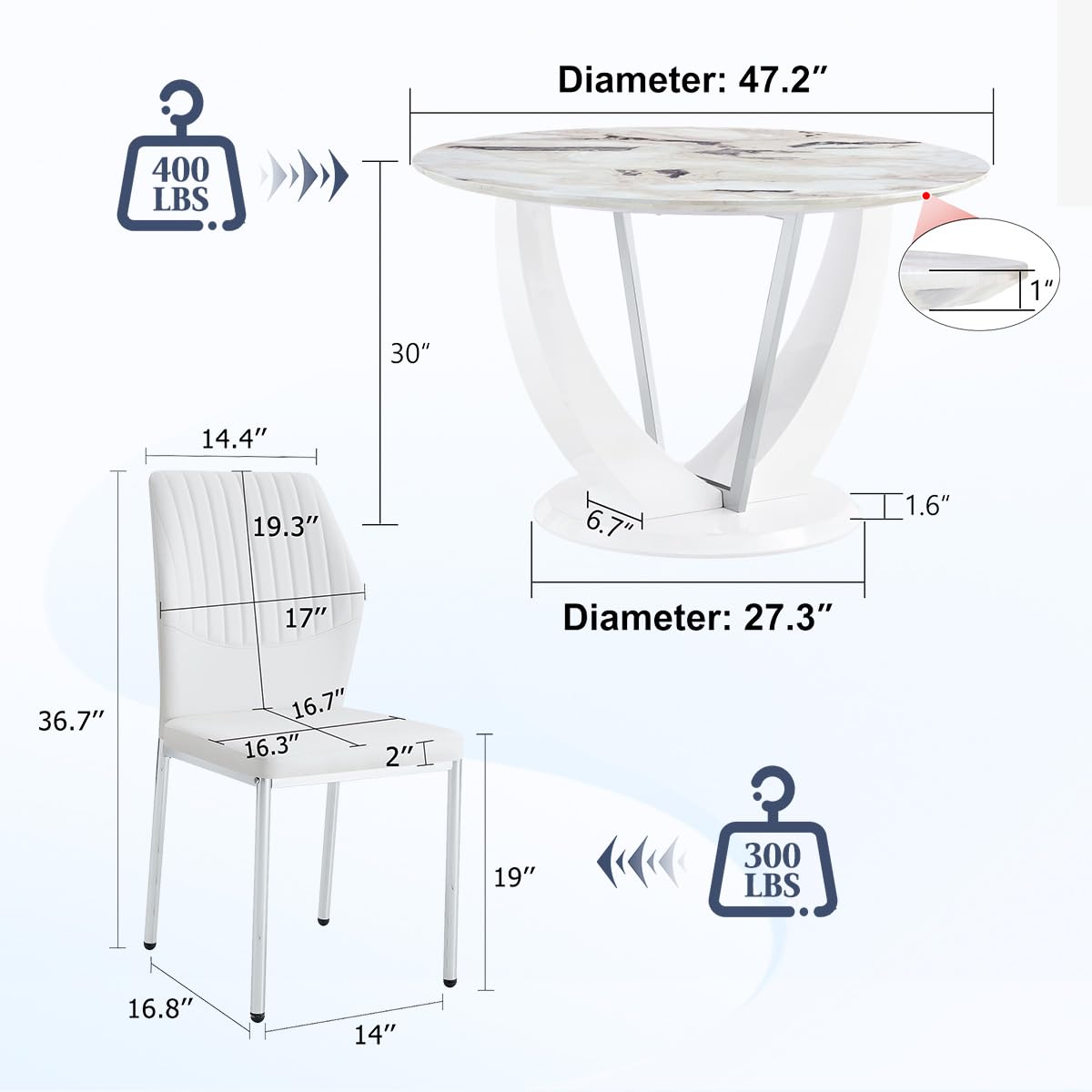 TesNus Round Dining Table Set for 4 with Chairs,Marble Top Pedestal Table and White Faux Leather Chairs, Modern Circular Kitchen Dining Table Set for Apartment, Modern Home,New House for 4 People TesNus