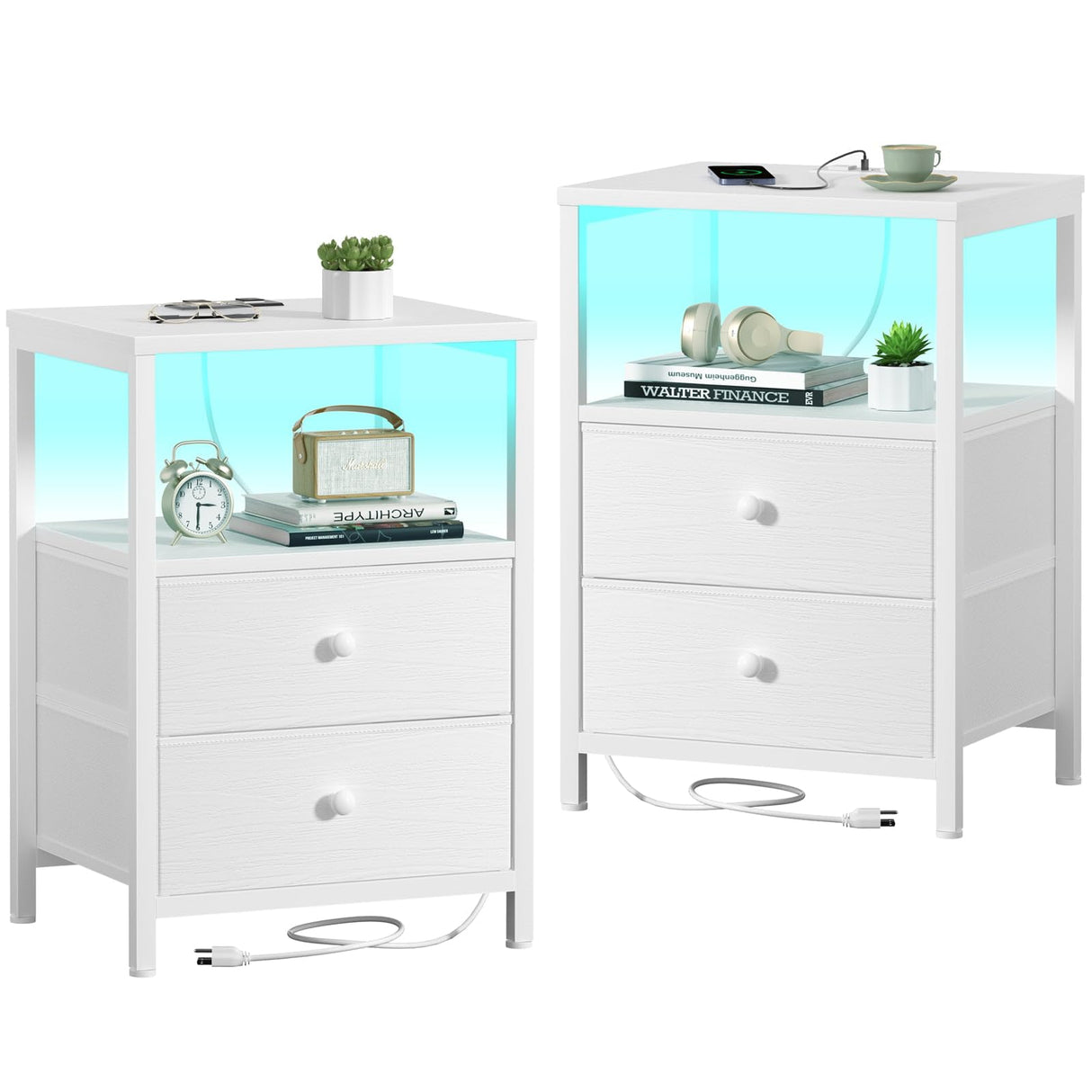 BOLUO White Nightstands Set of 2, Bedroom Night Stand Set Two Nightstand with Charging Station and LED Light, Bedside Table with 2 Fabric Drawers Modern BOLUO