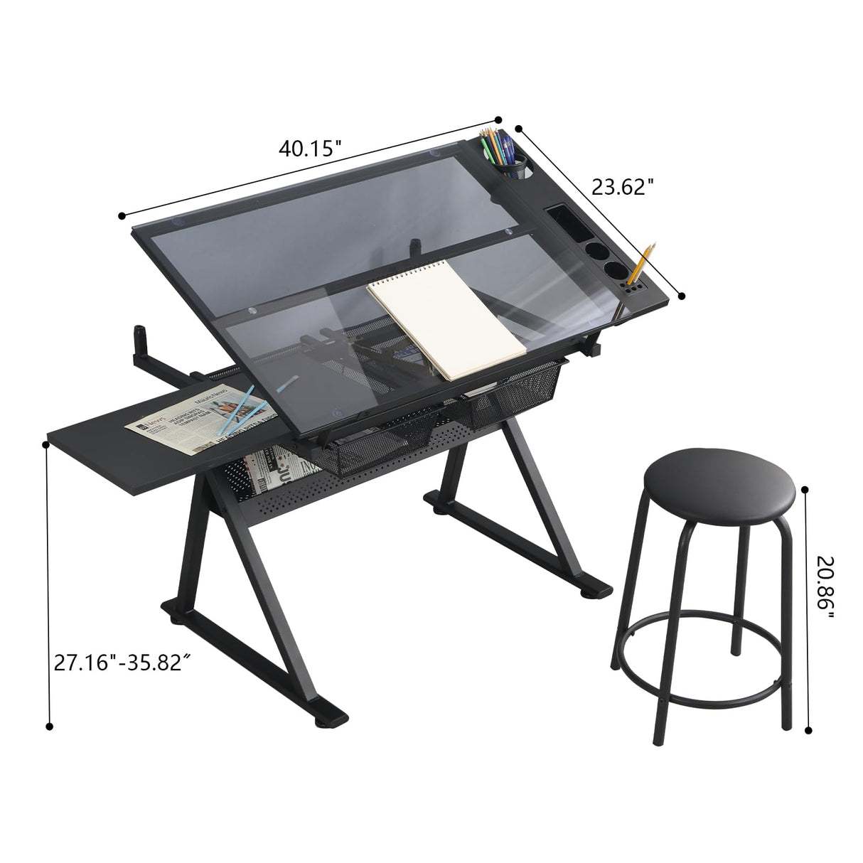 ALYIAMXL Drafting Table w/Stool, Painting Table Art Craft Desk Crafting Table with Tilting Tempered Glass Top, 2 Storage Drawers, Height Adjustable (Black) ALYIAMXL