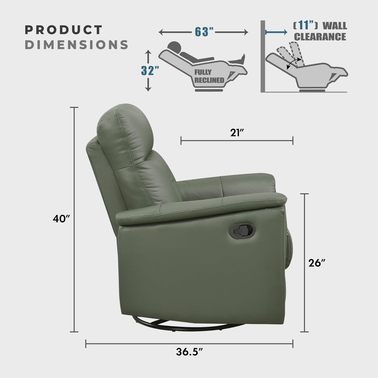 Lexicon Swivel Glider Recliner Chair, Comfy Nursery Glider, Top Grain Leather Match Recliner, Manual Reclining Chair for Living Room/Office/Apartment, Green Lexicon