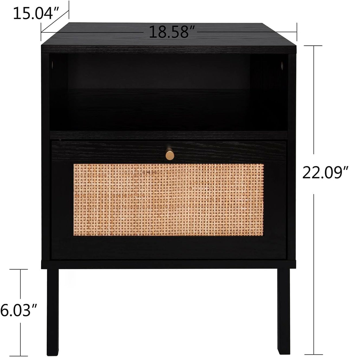 Rattan Night Stand Set 2, Boho Bedside Table Black Nightstand with Rattan Door, Storage Cabinet, Open Storage Space & Sturdy Metal Legs, Accent Bed Side Table, Wood End Tables Bedroom Angel Sar